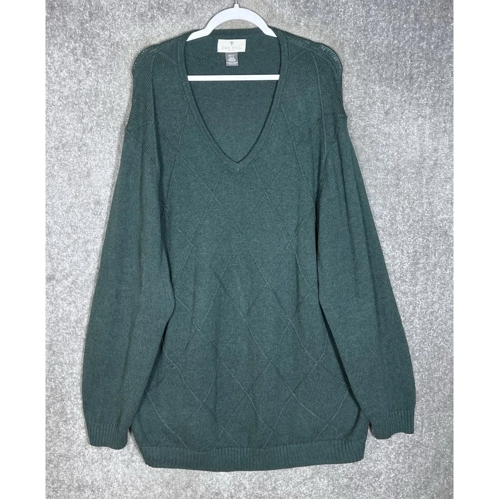 Oak Hill Sweater Mens Size 4XLT Green Cotton Argyle V-Neck Long Sleeve Pullover